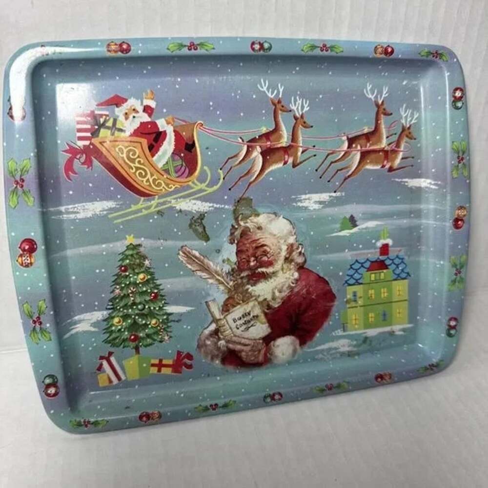 Vintage Daher Decorated Ware Tin 7" Tray Santa Reindeer Christmas England